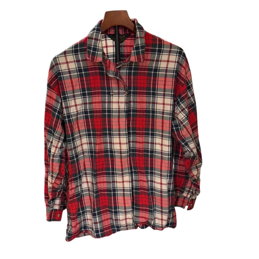 Vtg 90s Eddie Bauer Red Plaid Flannel Shirt Double Breasted Long Sleeve Women L